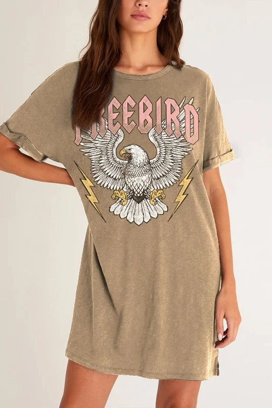 Modern Women's Attire Freebird Eagle Graphic Taupe Mineral T-Shirt Tee Shirt Mini Relaxed Fit Dress