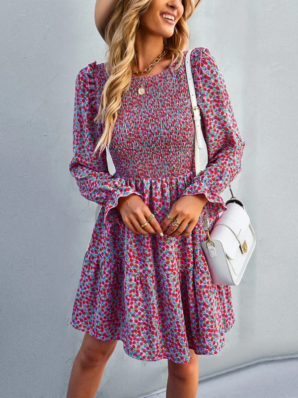 Women's Holiday Outfit BerryBetty - Round neck floral dress spring and summer long-sleeved all-match A-line skirt