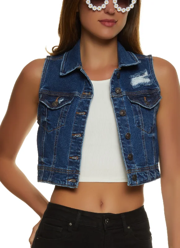 Women's Comfortable Clothes For Weekends WAX Distressed Denim Cropped Vest