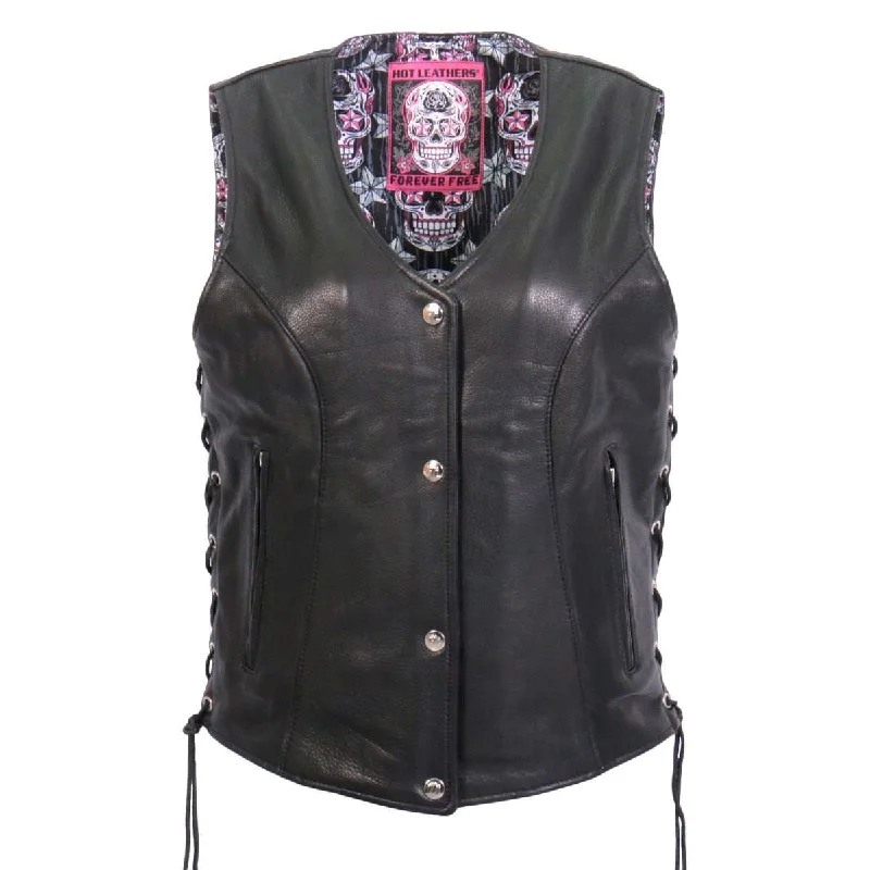 Chic Casual Wardrobe Essentials Hot Leathers VSL1017 Ladies 'Sugar Skull' Lined Black Leather MC Vest