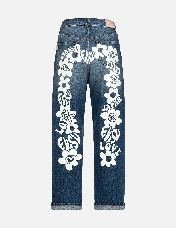 Plus Size Women Wear Floral Seagull Plastisol Daicock Print Wide Leg Jeans