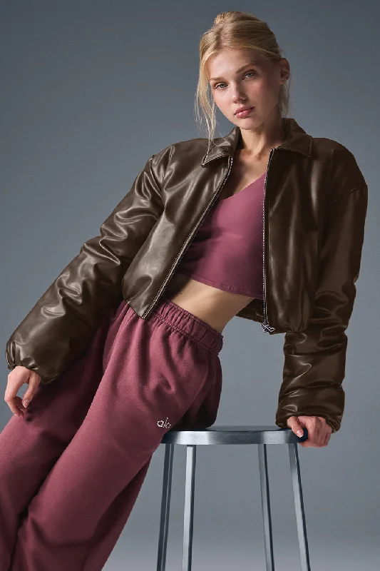 Women's Functional Outfit For Outdoor Activities Faux Leather Cropped Premier Bomber - Espresso