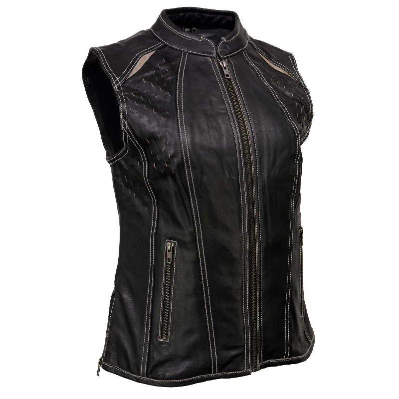 Women's Luxury Attire Milwaukee Leather MLL4507 Women's Black Leather Grey Accented Laser Cut Vented Scuba Style Motorcycle Rider Vest