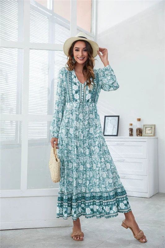 Women's Activewear Attire BerryBetty - Women's V-Neck Front Button Lantern Sleeve Floral Print Drawstring High Waist Maxi Dress