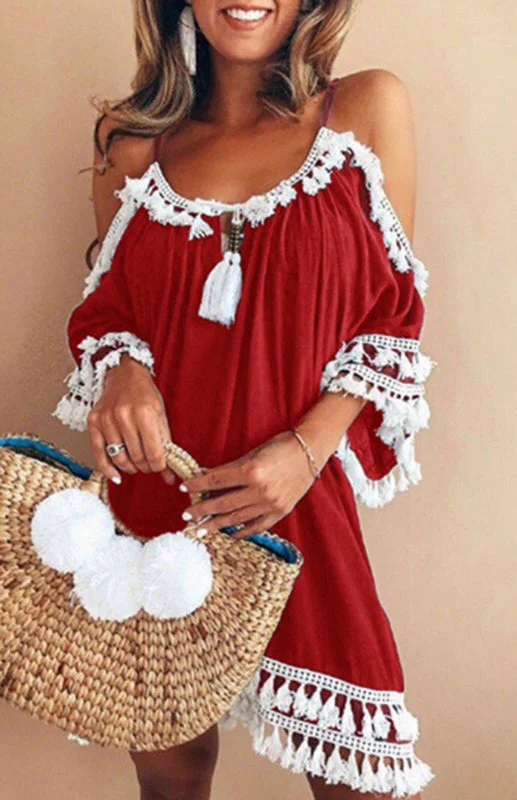 Clothes For Sale BerryBetty - Women's Halter Off Shoulder Fringed Dress