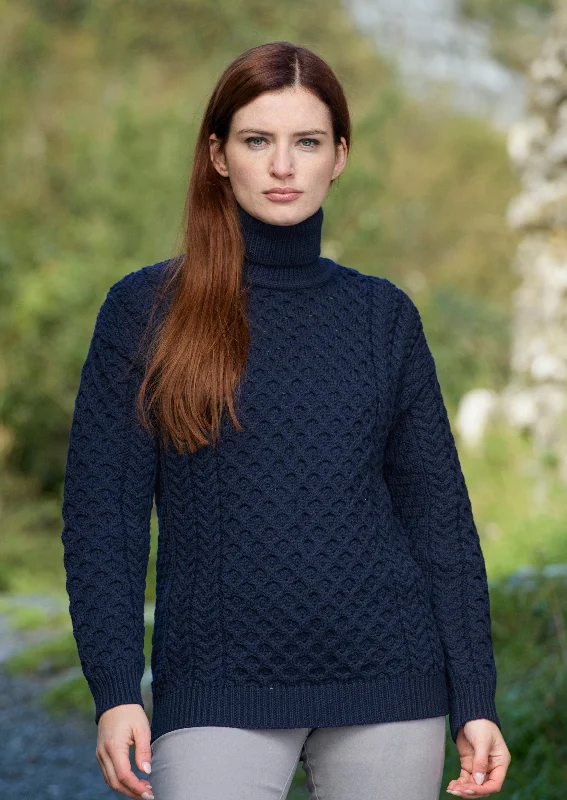 Women's Fashion Clothing Aran Merino Polo Neck Sweater | Navy