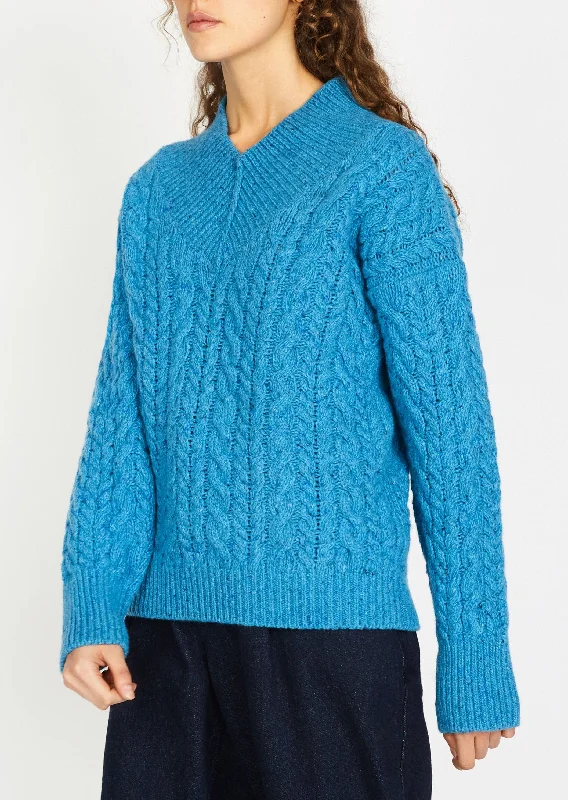 Women's Seasonal Apparel IrelandsEye V-neck Aran Sweater | Blue - Clearance