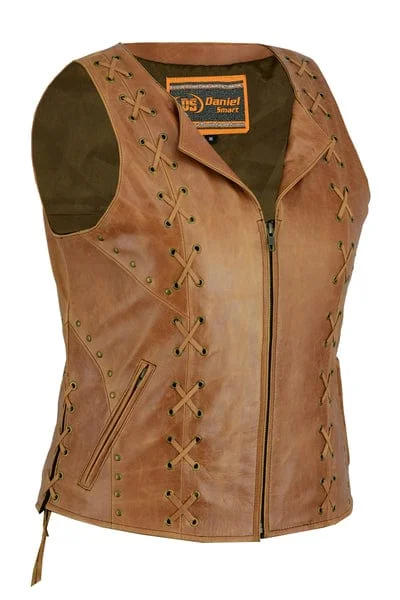 Women's Vacation Outfit Women's Brown Zippered Vest with Side Lacing Detail