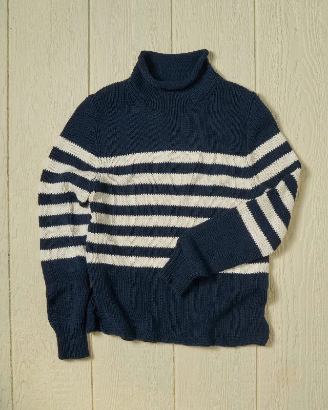 Women's Luxury Garments Women's Fisherman's Sweater in Navy/Egret Breton Stripe