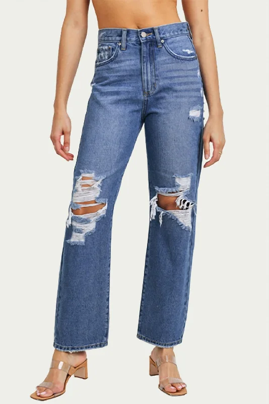 Modern Women's Attire Distressed High-Rise Straight-Leg Jeans In Medium Denim