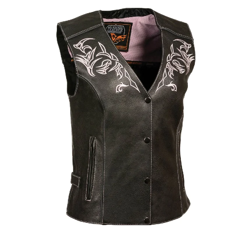 Women's Holiday Attire Milwaukee Leather Women's Black and Pink Leather Tribal Side Lace Motorcycle Rider Vest- w/ Reflective Piping ML1296