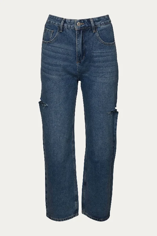 Women's Vacation Attire Cutout High-Rise Straight-Leg Jeans In Denim Blue