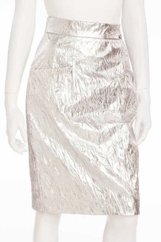 Women Wear Online Chanel - New with Tags Leather Crinkled Silver Pencil Skirt - FR 40