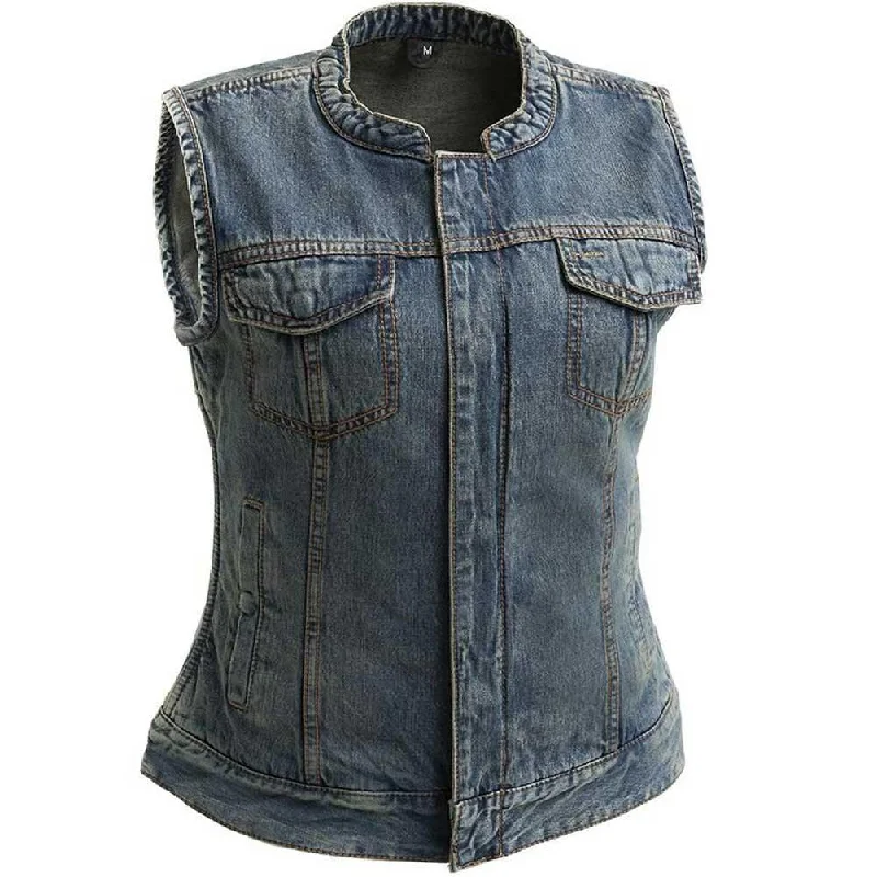 Women's Elegant Evening Outfit First Mfg Womens Lexy Washed Denim Motorcycle Vest