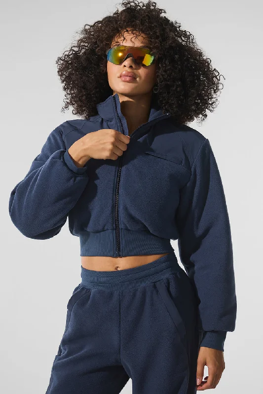 Women's Cozy Outfit For Lounging Polar Fleece Cropped Wintry Mix Jacket - Navy