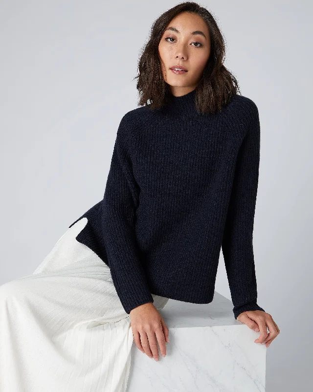 Women's Contemporary Apparel Women's Fisherman Rib Funnel Cashmere Sweater Navy Blue