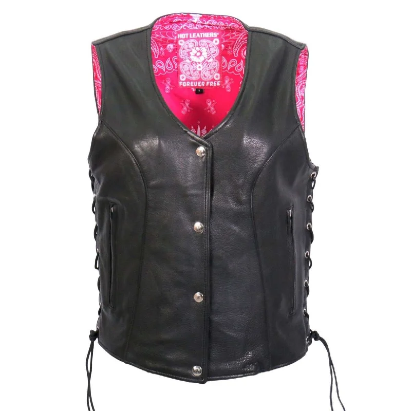 Modern Women's Outfit Hot Leathers VSL1018 Ladies 'Pink Paisley' Lined Black Leather MC Vest