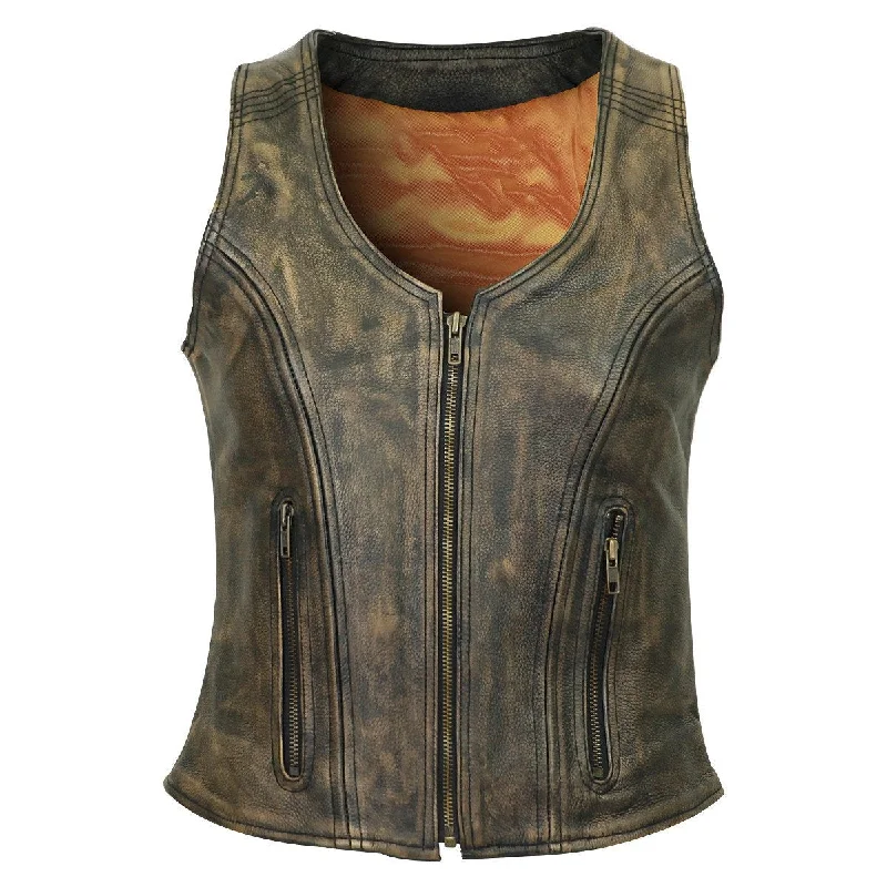 Casual Dresses for Women HML1031DB High Mileage Women's Distressed Brown Three-Zipper Cowhide Leather Vest