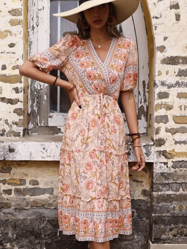 Online Boutique Clothing BerryBetty - Vintage Women's Pink Fungus Print V-Neck Midi Dress