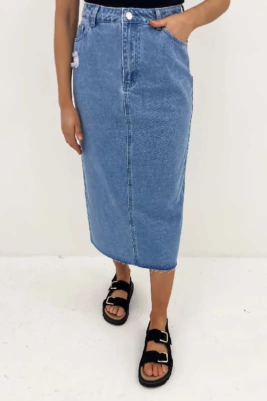 Women's Vacation Outfit Ryliana Denim Midi Skirt Mid Blue