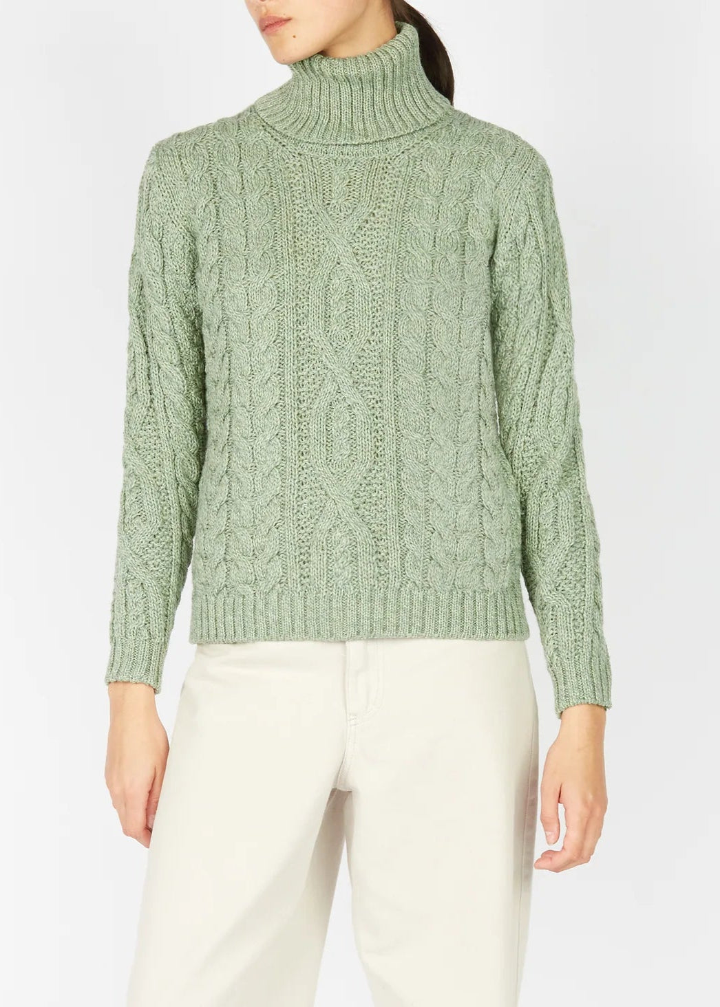 Elegant Women's Evening Garments IrelandsEye Polo Neck Aran Sweater | Sage Marl