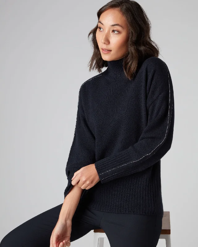 Affordable Luxury Women's Apparel Women's Metal Trim Curved Hem Cashmere Sweater Navy Blue