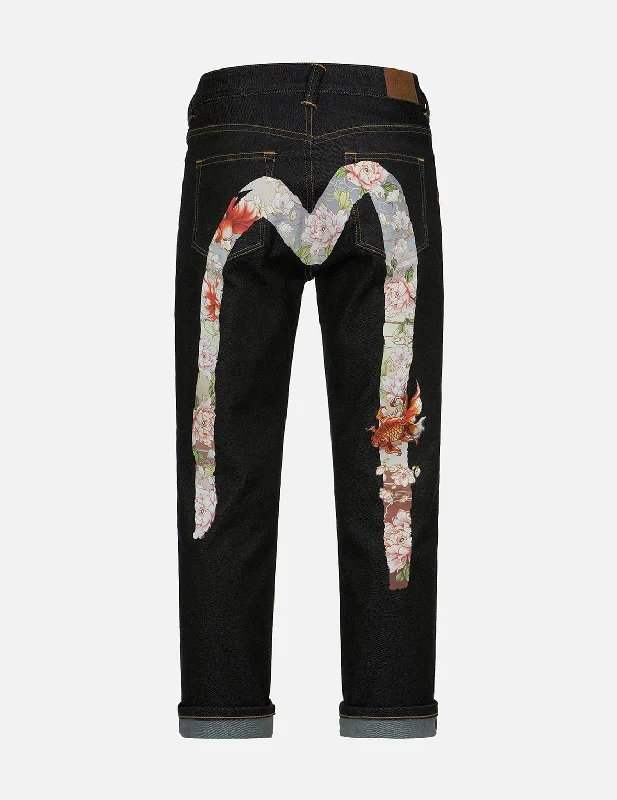 Tailored Clothing For Women Embroidery Goldfish and Floral Flow Brushstroke Daicock Print Boyfriend Jeans