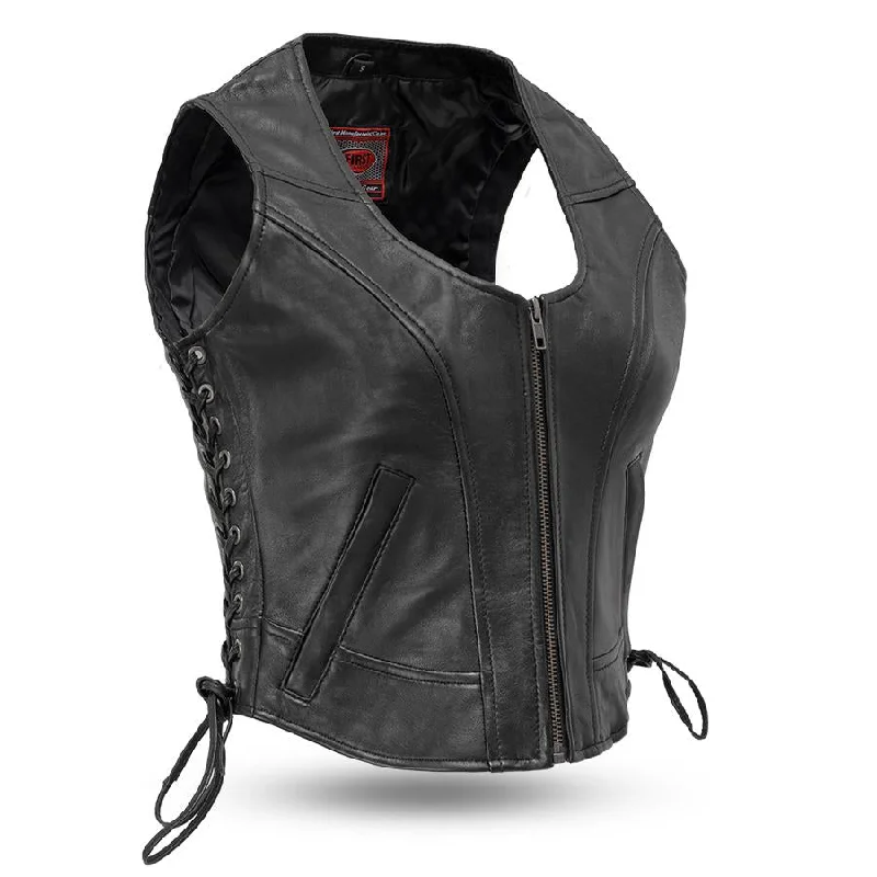 Casual Attire For Women First Manufacturing FIL542GDD Women's ‘The Raven’ Motor Fashion Style Black Leather Vest