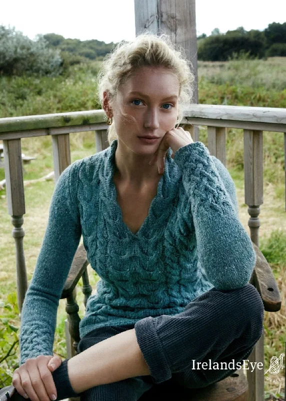 Summer Sale IrelandsEye Women's V Neck Aran Sweater | Ocean Mist