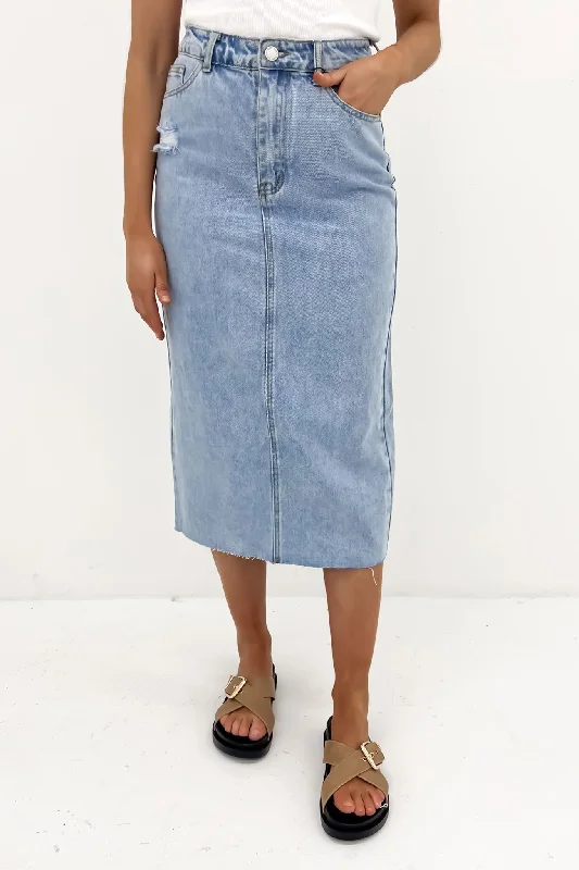 Elegant Women's Evening Garments Ryliana Denim Midi Skirt Light Blue