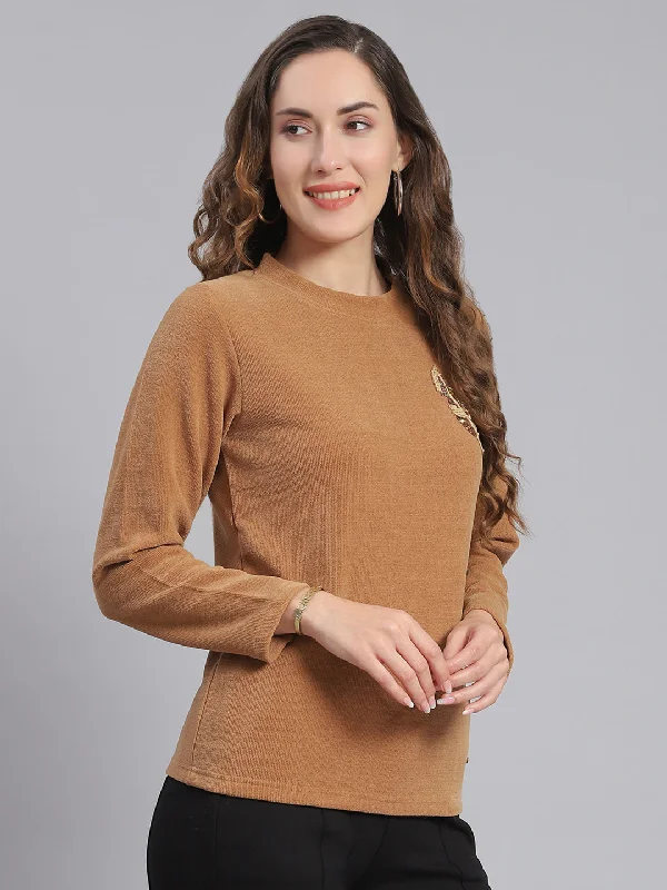 Women's Trendy Outfits Women Brown Embroidered Round Neck Full Sleeve Sweater