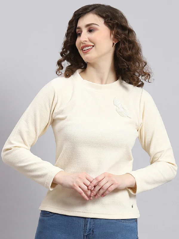 Casual Fashion Trends for Women Women Cream Embroidered Round Neck Full Sleeve Sweater