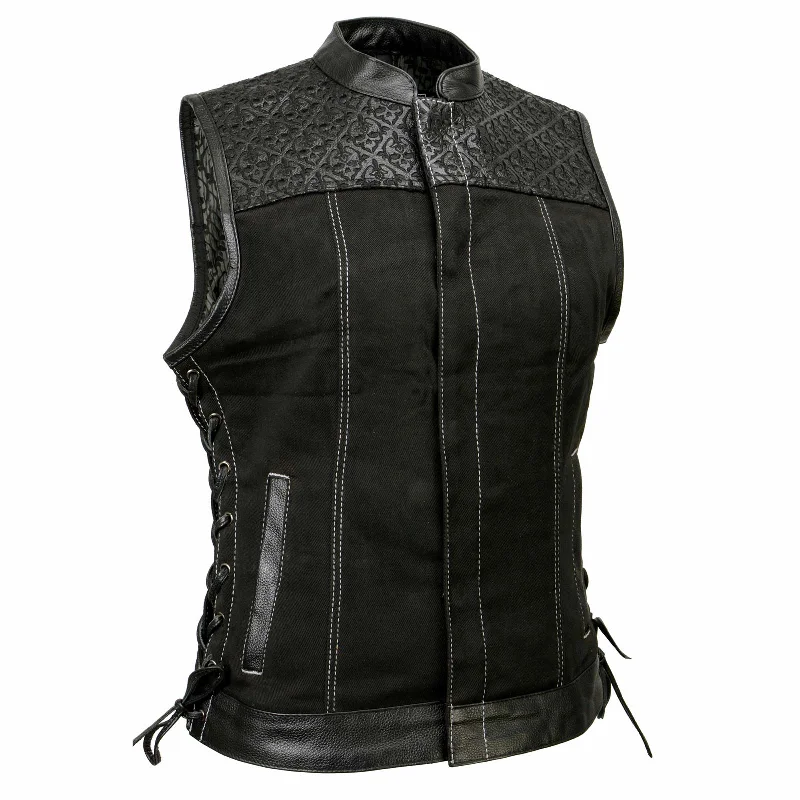 Women's Casual Wear Clothes Milwaukee Leather MDL4052 Women's 'Skelly' Black Motorcycle Denim Vest