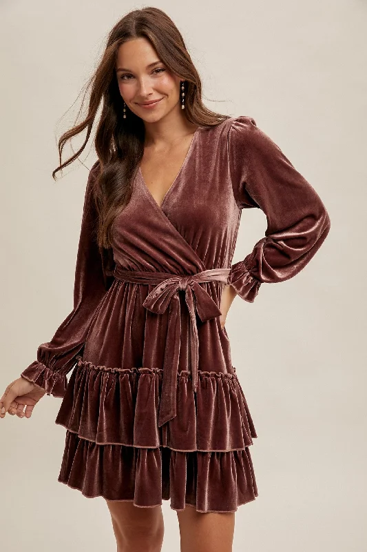 Women's Formal Event Attire Mauve Velvet Surplice Holiday Tiered Ruffled Long Sleeve Mini Cocktail Dress