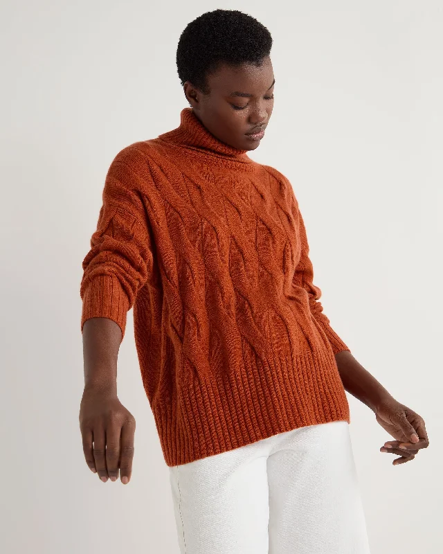 Unique Women's Fashion Pieces Women's Emmie Relaxed Cable Turtle Neck Cashmere Sweater Rust Orange