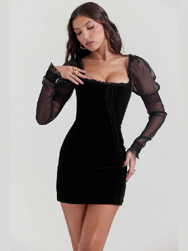 Women's Elegant Apparel Gothic Wooden Ear Edge Wrap Hip Mesh Long Sleeve Square Neck Ruched Bodycon Mini Dress