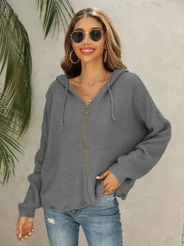 Women's Urban Clothing Hooded Hole Women Cardigan Sweater