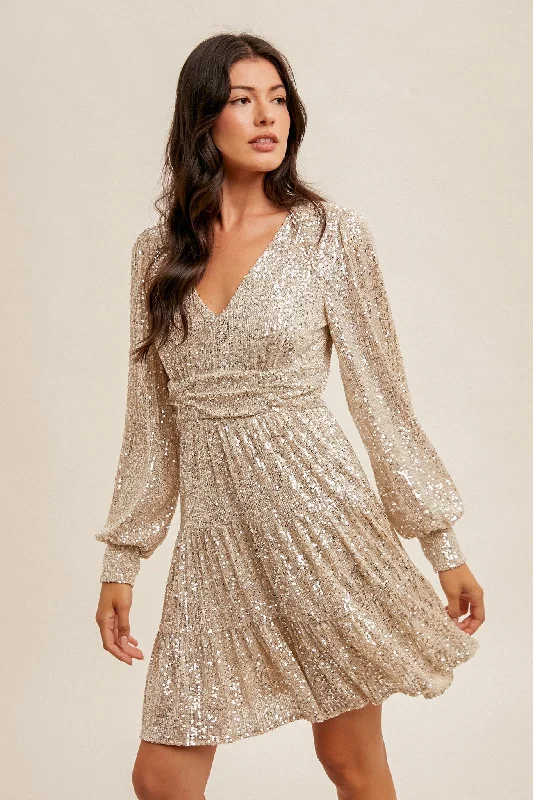 Women's Classic Outfit Champagne Metallic Sparkling Sequin Long Sleeve Tiered Holiday Cocktail Dress