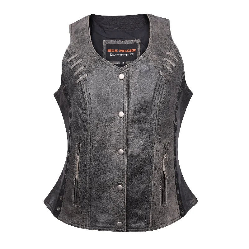 Fashionable Casual Tops HML1038DG Ladies Lightweight Distressed Gray Leather Vest with Grommeted Twill and Lace Highlights