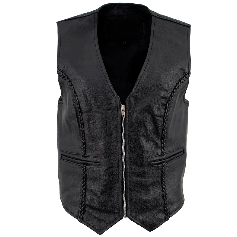 Stylish Everyday Clothing Ladies XS776 Black Braided Motorcycle Vest with Zipper Closure