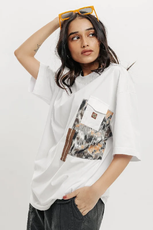 Women's Chic Outerwear Garments Patchwork White T-Shirt