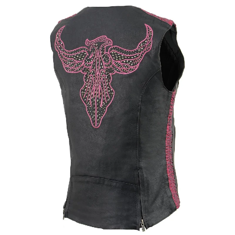 Women's Evening Outfit Milwaukee Leather MLL4570 Women's Studded Phoenix Black/Fuchsia Leather Motorcycle Vest w/ Embroidery Art