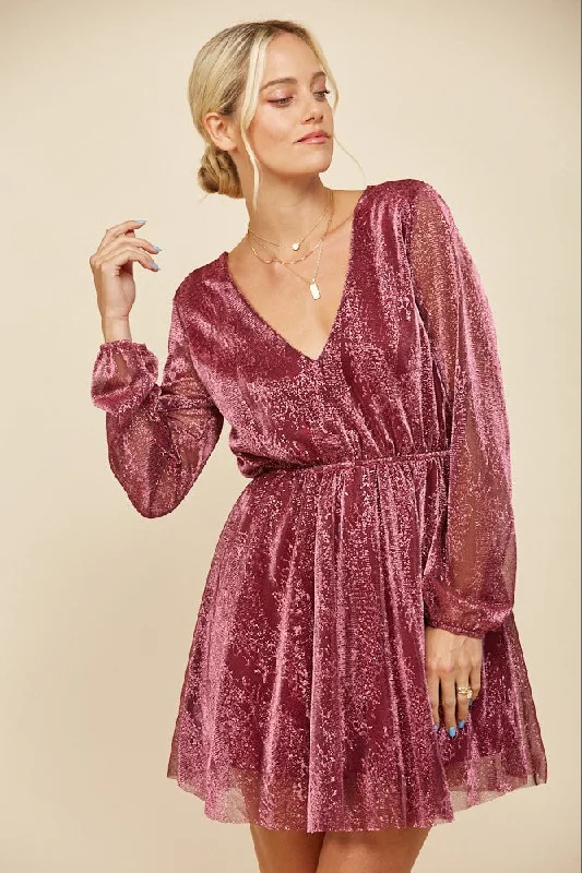 Women's Luxury Attire Wine Metallic Sparkling Mesh Long Sleeve Cocktail Holiday Party Mini Dress