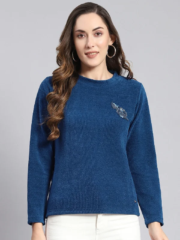 Fashionable Women's Wardrobe Women Blue Embroidered Round Neck Full Sleeve Sweater