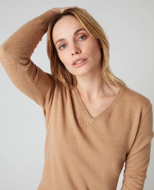 Charming Women's Holiday Apparel Women's V Neck Cashmere Sweater Sahara Brown