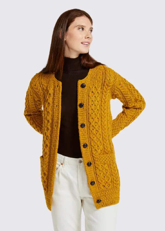 Women's Evening Outfit Basket Weave Aran Cardigan | Mustard