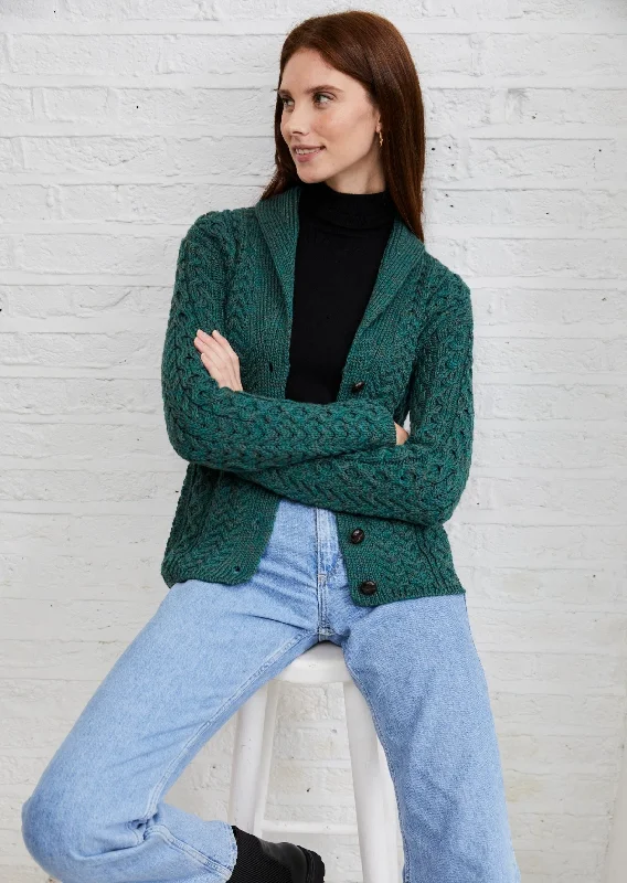 Women's Trendy Outfit Shawl Collar Aran Cardigan | Connemara Green