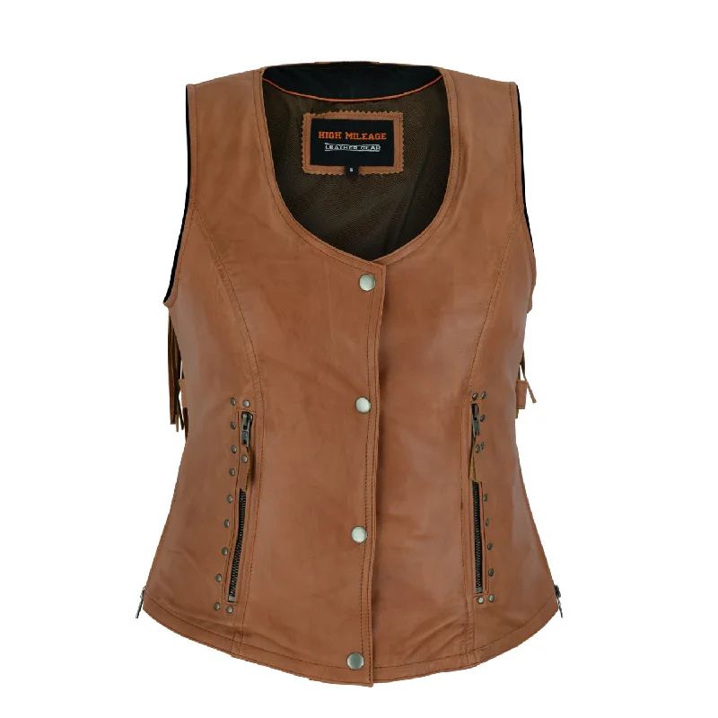 Women's Activewear Outfit HML1103T Ladies Premium Brown Vest with Fringes and Rivets