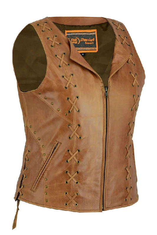 Women's Seasonal Fashion Trends DS236 Women's Brown Zippered Vest with Lacing Details