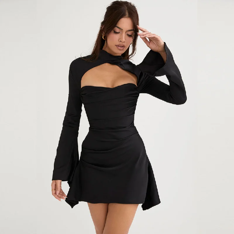 High-Quality Women's Fashion Dresses Long Sleeve Double V Modern Neck Contrast Mesh Midi Dress